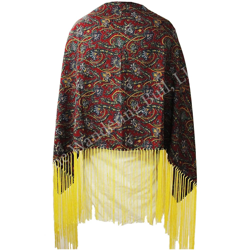 Ready Made Mini Dance Shawl Deep Red Floral Yellow Fringe