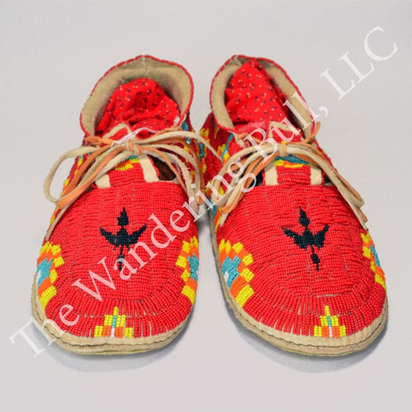 Moccasins Red with Water Bird Design
