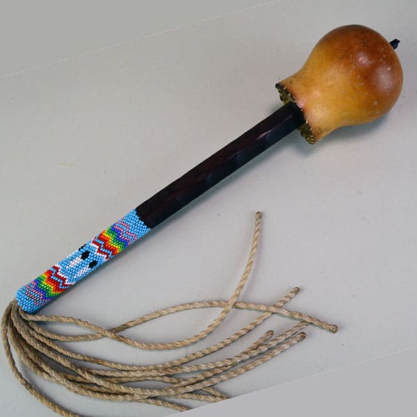 Rattle 10″ Gourd with Light Blue Beaded Handle